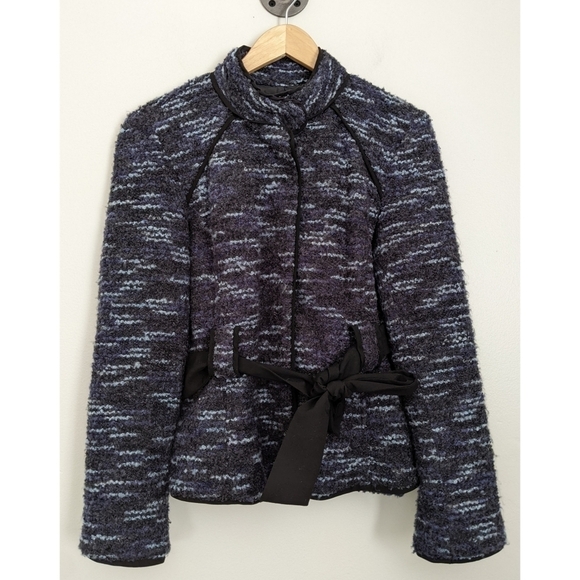 Sandro Sportswear Blue Black Tweed Boucle Waist Tie Jacket - Picture 1 of 7